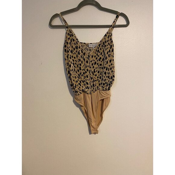 Wayf Womens Leopard Print Bodysuit XS Beige & Black Mock Wrap Front - Picture 1 of 8